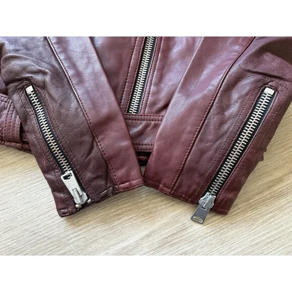 ALLSAINTS Women’s Burgandy Lined Leather Jacket Gidley Biker Moto US Size 2 WARM - Picture 6 of 8